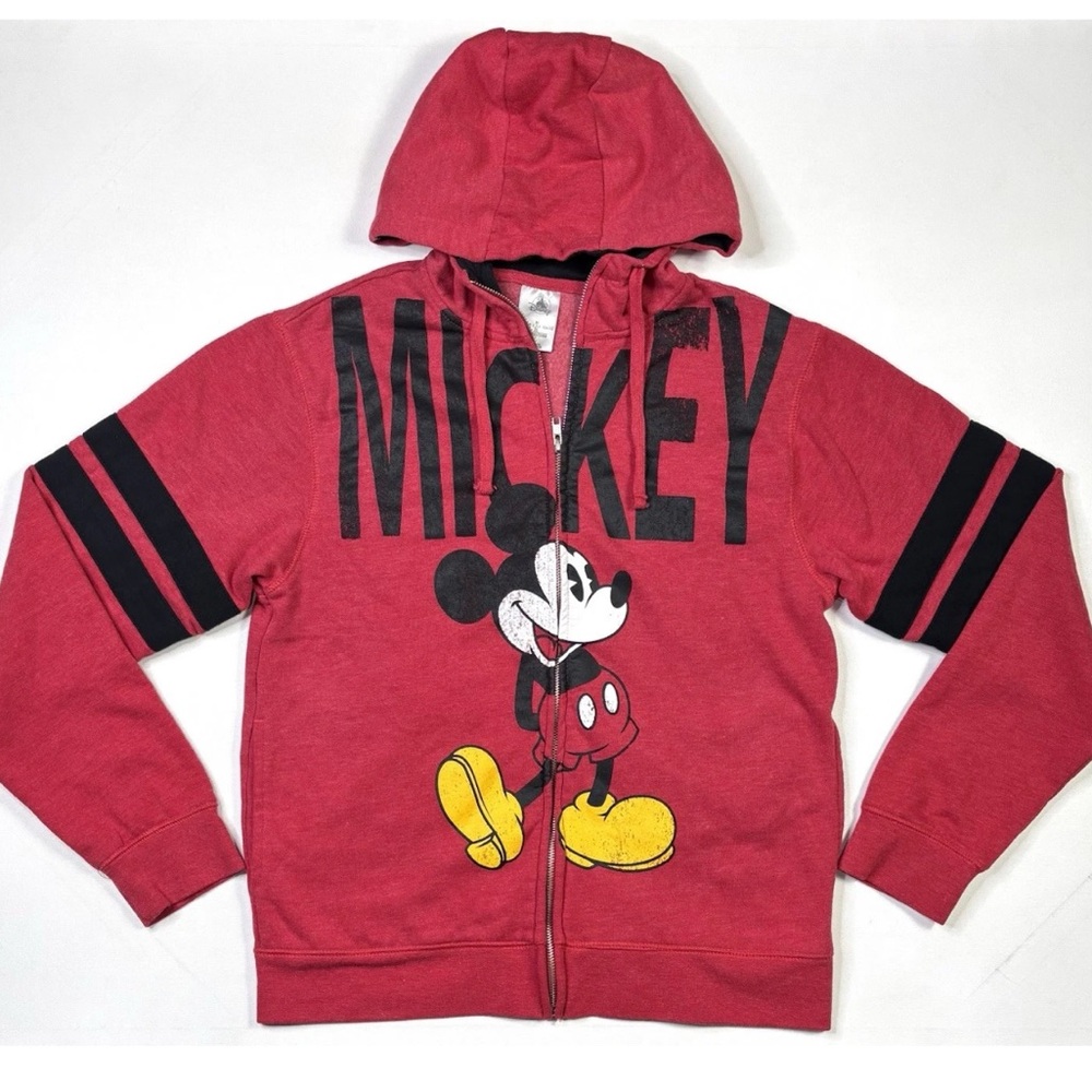 Disney Mickey Mouse Jacket Adult M 2L Zip Up Hoodie Red Black Stripes